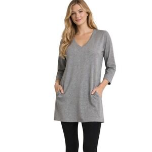 Eileen Fisher Petite Heather Grey V-Neck 3/4 Sleeve Tunic Top with Pockets Small